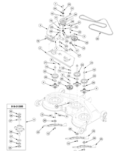 Deck Drive And Spindle Assembly Diagram and Parts List for GT2550 K015-K018-14A2E7P710 Cub Cadet Lawn Tractor